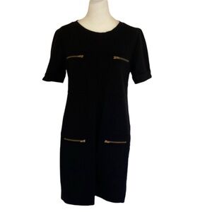 J. Crew Black Sheath Midi Dress. Gold zippers on Chest and Hips. Size 2.